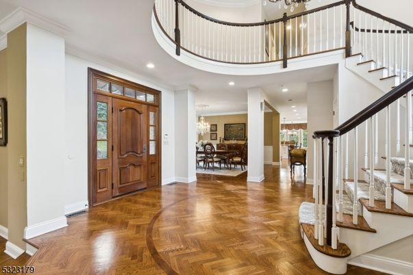 Chandelier, Dining room, Interior, Recessed Lighting, Wood Texture Flooring