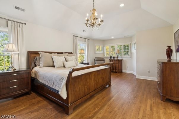 Bedroom, Chandelier, Interior, Recessed Lighting, Wood Texture Flooring