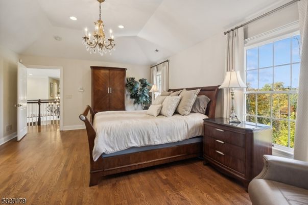 Bedroom, Chandelier, Interior, Recessed Lighting, Wood Texture Flooring