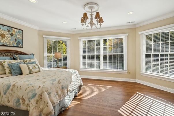 Bedroom, Chandelier, Interior, Recessed Lighting, Wood Texture Flooring