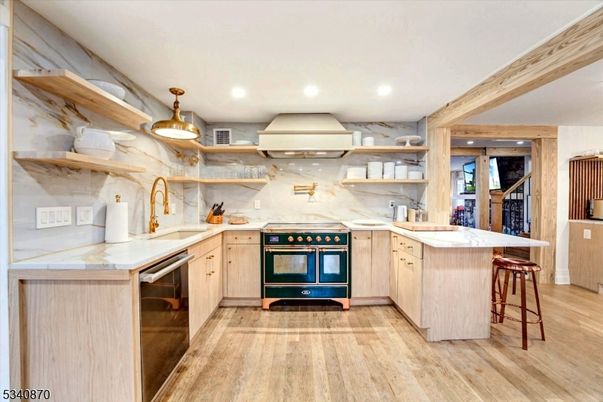 Interior, Kitchen, Pendant Lights, Recessed Lighting, Stainless Steel Appliances, Wooden Beams, Wood Texture Flooring