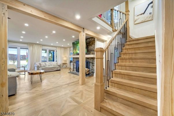 Fireplace, Interior, Living room, Recessed Lighting, Wood Texture Flooring