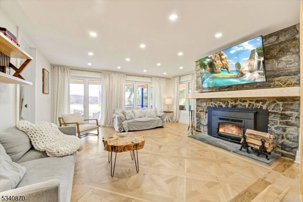 Fireplace, Interior, Living room, Recessed Lighting, Wood Texture Flooring