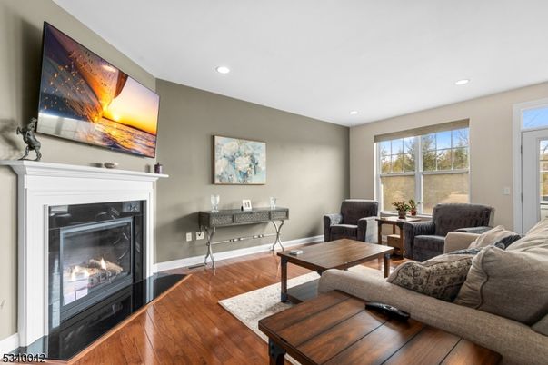 Fireplace, Interior, Living room, Recessed Lighting, Wood Texture Flooring