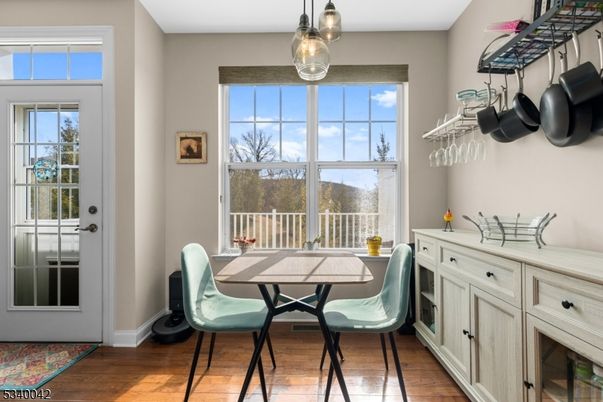 Dining room, Interior, Pendant Lights, Wood Texture Flooring