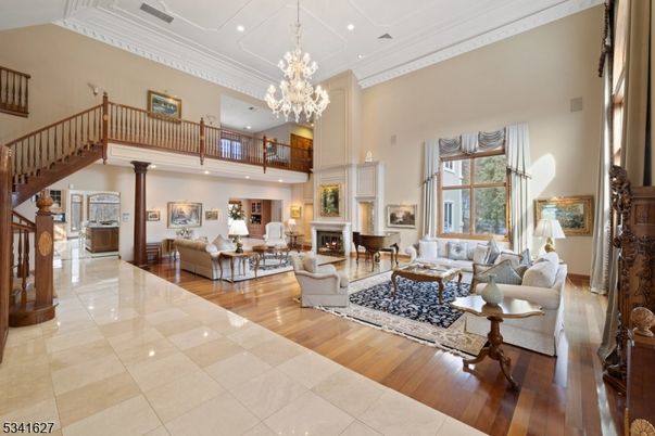 Chandelier, Fireplace, Interior, Living room, Recessed Lighting, Wood Texture Flooring