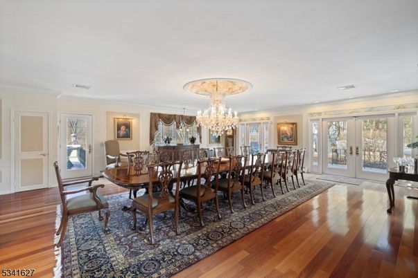 Chandelier, Dining room, Interior, Wood Texture Flooring