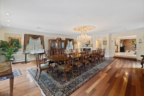 Chandelier, Dining room, Interior, Recessed Lighting, Wood Texture Flooring