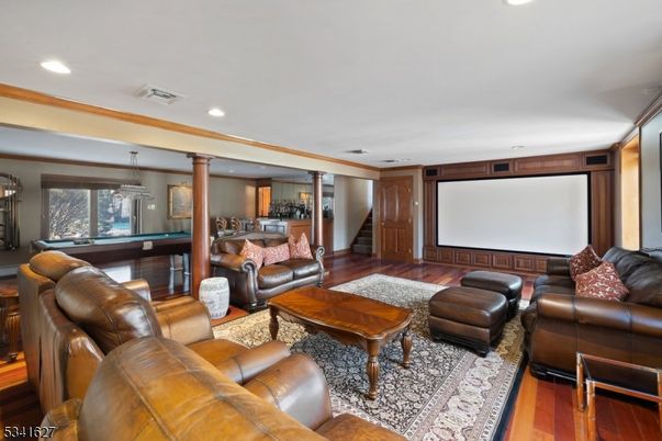 Interior, Living room, Pendant Lights, Projection Screen, Recessed Lighting, Wood Texture Flooring