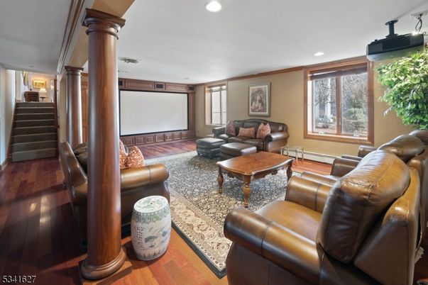 Interior, Living room, Projection Screen, Recessed Lighting, Theatre Room, Wood Texture Flooring