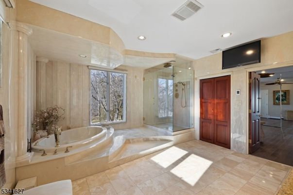 Bathroom, Glass Shower, Interior, Recessed Lighting, Wood Texture Flooring