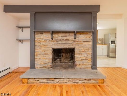 Fireplace, Interior, Kitchen, Stone Walls, Wood Texture Flooring