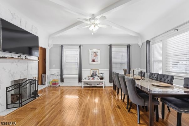 Dining room, Fireplace, Interior, Wood Texture Flooring