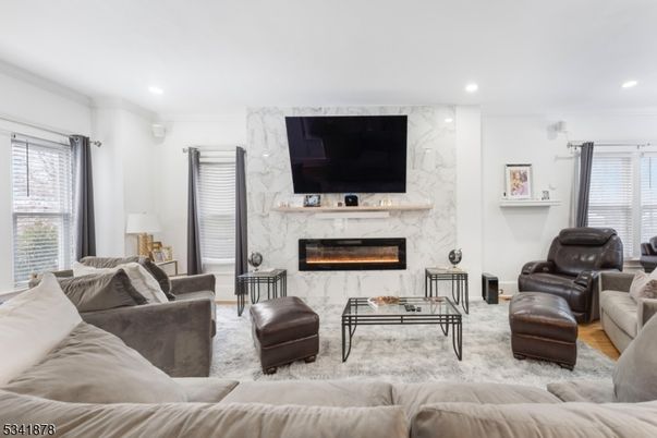 Fireplace, Interior, Living room, Marble Walls, Recessed Lighting