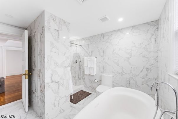 Bathroom, Interior, Marble, Marble Walls, Recessed Lighting, Wood Texture Flooring
