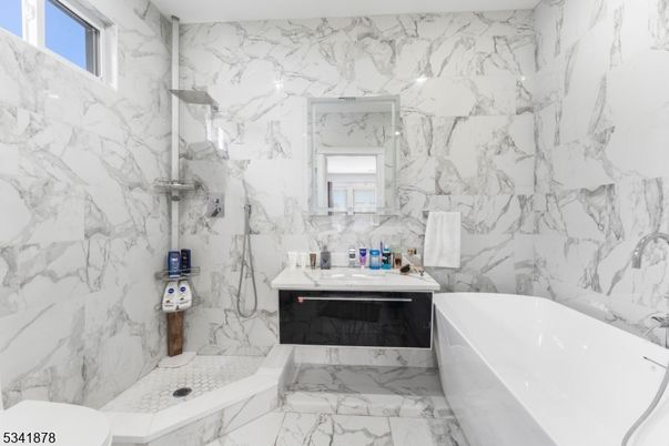 Bathroom, Free Standing Baths, Interior, Marble, Marble Walls, Recessed Lighting