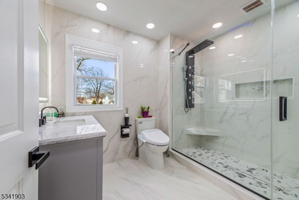 Bathroom, Glass Shower, Interior, Marble, Marble Walls, Recessed Lighting