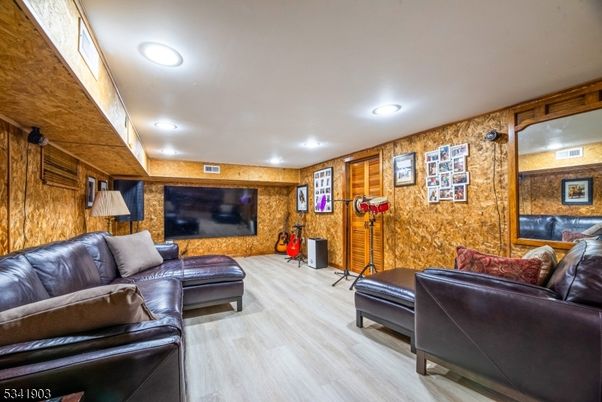 Interior, Living room, Recessed Lighting, Wood Texture Flooring, Wooden Walls