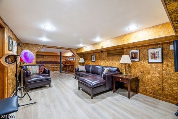 Interior, Recessed Lighting, Stone Walls, Wood Texture Flooring, Wooden Walls