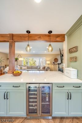 Fireplace, Interior, Kitchen, Pendant Lights, Recessed Lighting, Stainless Steel Appliances, Wood Texture Flooring