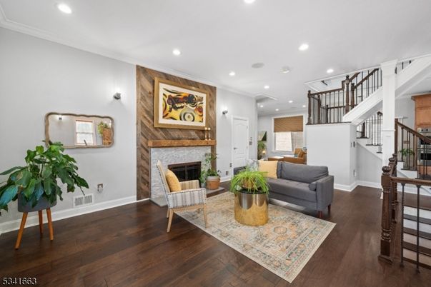 Fireplace, Interior, Living room, Recessed Lighting, Wood Texture Flooring