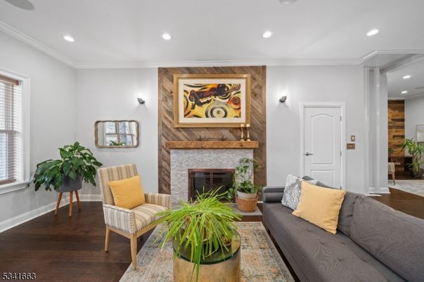 Fireplace, Interior, Living room, Recessed Lighting, Wood Texture Flooring, Wooden Walls