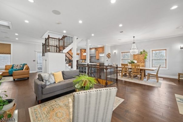 Chandelier, Dining room, Interior, Kitchen, Living room, Pendant Lights, Recessed Lighting, Wood Texture Flooring