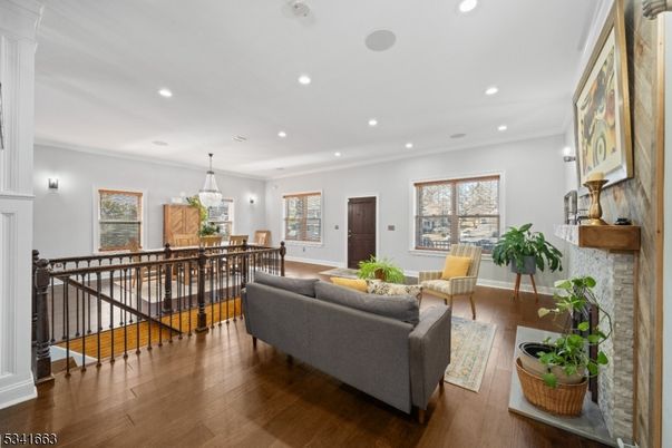 Chandelier, Dining room, Interior, Kitchen, Living room, Recessed Lighting, Wood Texture Flooring