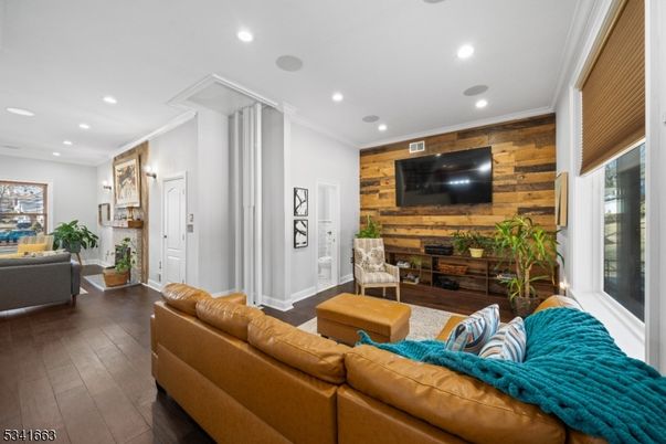 Interior, Living room, Recessed Lighting, Wood Texture Flooring, Wooden Walls