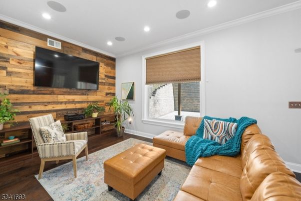 Interior, Living room, Recessed Lighting, Wood Texture Flooring, Wooden Walls