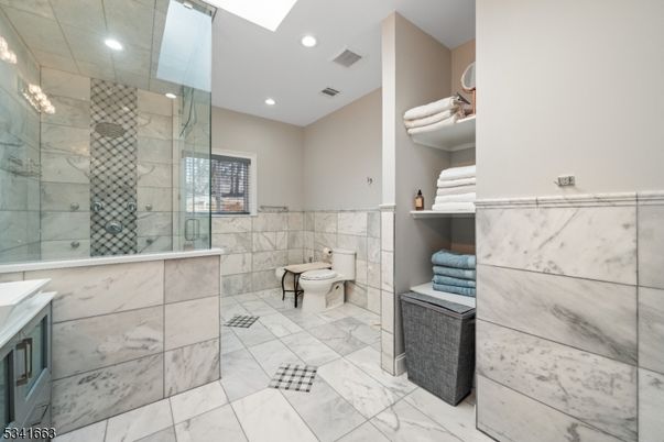 Bathroom, Glass Shower, Interior, Marble, Marble Walls, Recessed Lighting