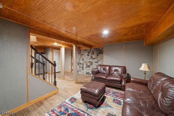 Interior, Living room, Recessed Lighting, Stone Walls, Wooden Ceilings, Wood Texture Flooring