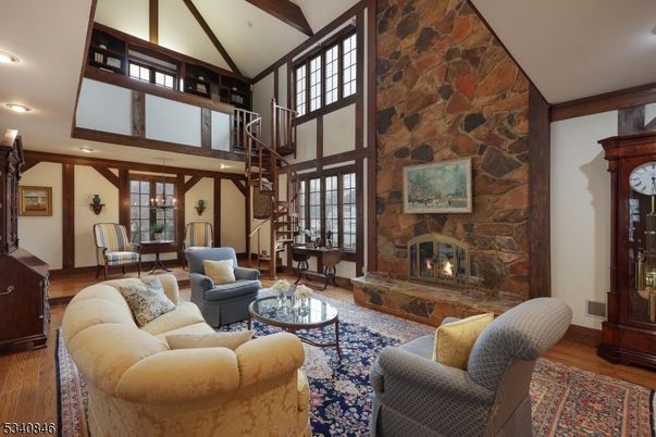 Fireplace, Interior, Living room, Recessed Lighting, Stone Walls, Wooden Beams, Wood Texture Flooring