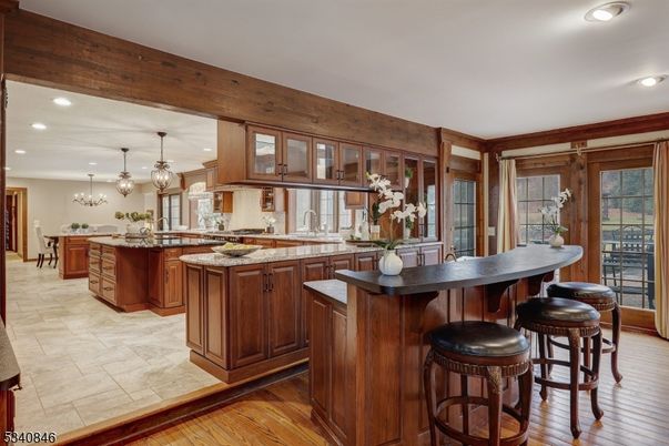 Chandelier, Interior, Kitchen, Pendant Lights, Recessed Lighting, Wood Texture Flooring