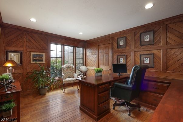Home Office, Interior, Recessed Lighting, Wood Texture Flooring, Wooden Walls