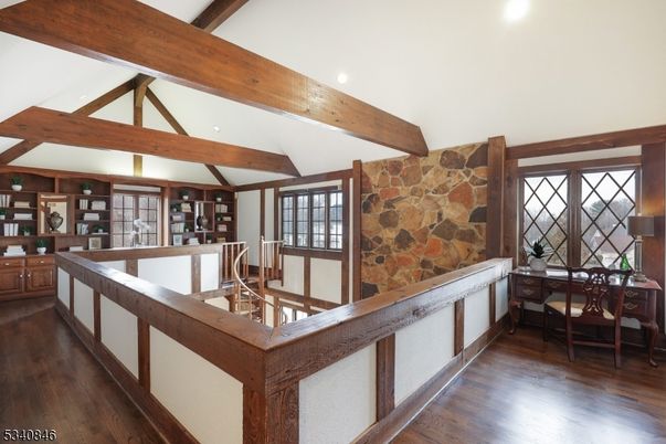 Home Office, Interior, Recessed Lighting, Stone Walls, Wooden Beams, Wood Texture Flooring