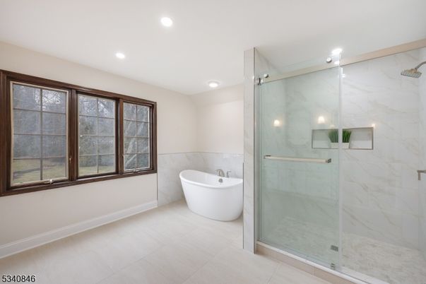 Bathroom, Free Standing Baths, Glass Shower, Interior, Marble Walls, Recessed Lighting