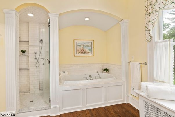 Bathroom, Glass Shower, Interior, Recessed Lighting, Wood Texture Flooring