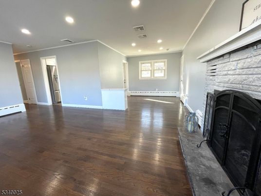 Empty room, Fireplace, Interior, Recessed Lighting, Wood Texture Flooring