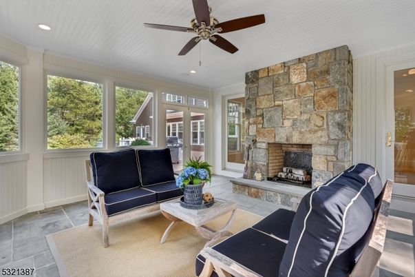 Fireplace, Interior, Living room, Recessed Lighting, Stone Walls