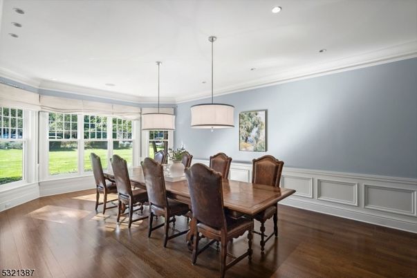 Dining room, Interior, Pendant Lights, Recessed Lighting, Wood Texture Flooring