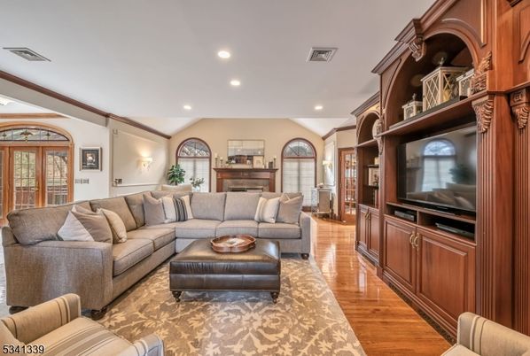 Fireplace, Interior, Living room, Recessed Lighting, Wood Texture Flooring