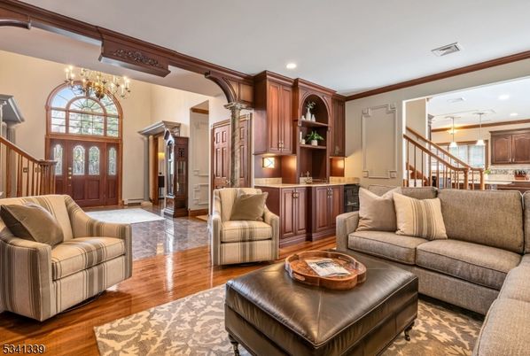 Chandelier, Interior, Living room, Recessed Lighting, Wood Texture Flooring