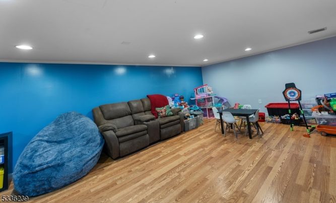 Dining room, Interior, Living room, Recessed Lighting, Wood Texture Flooring