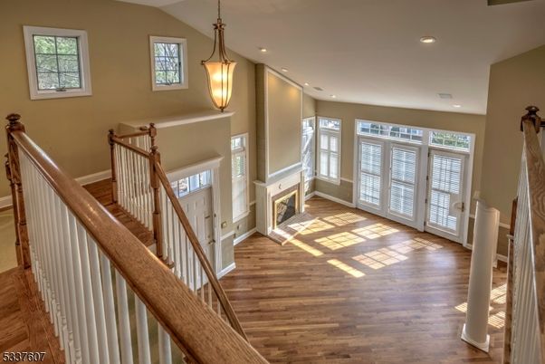 Fireplace, Interior, Pendant Lights, Recessed Lighting, Wood Texture Flooring