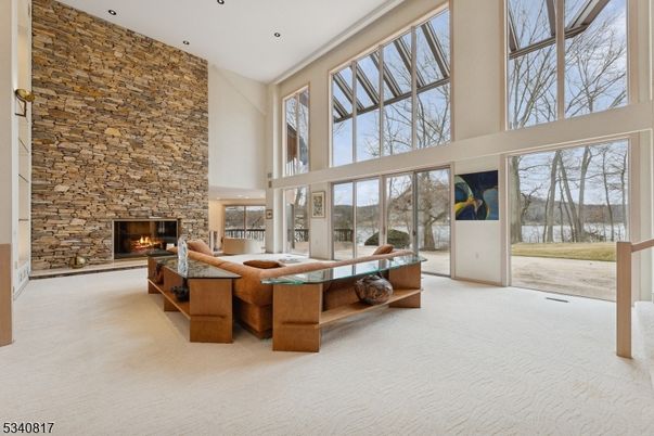 Fireplace, Interior, Living room, Recessed Lighting, Stone Walls