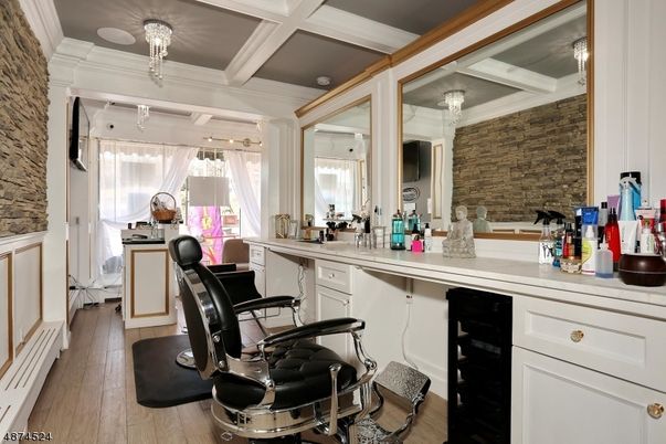 Bathroom, Chandelier, Interior, Recessed Lighting, Stone Walls, Wood Texture Flooring