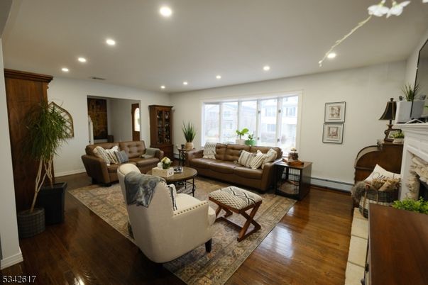 Fireplace, Interior, Living room, Recessed Lighting, Wood Texture Flooring