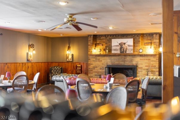 Dining room, Fireplace, Interior, Recessed Lighting, Stone Walls
