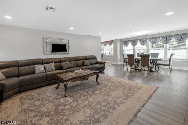 Dining room, Interior, Living room, Recessed Lighting, Wood Texture Flooring